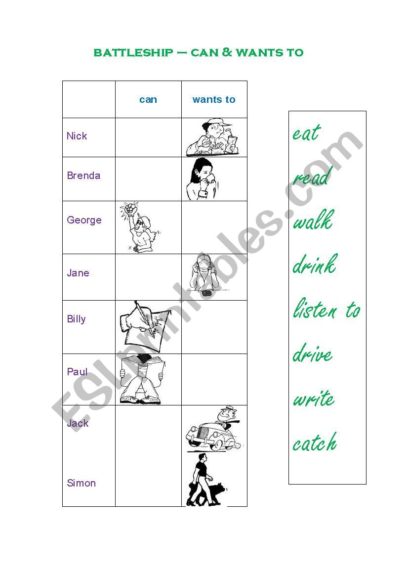 battleship - can & wants to worksheet