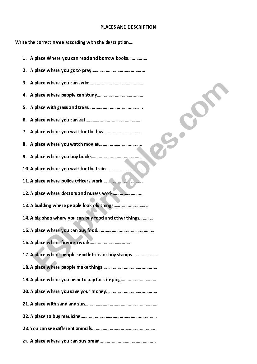 places and their description worksheet