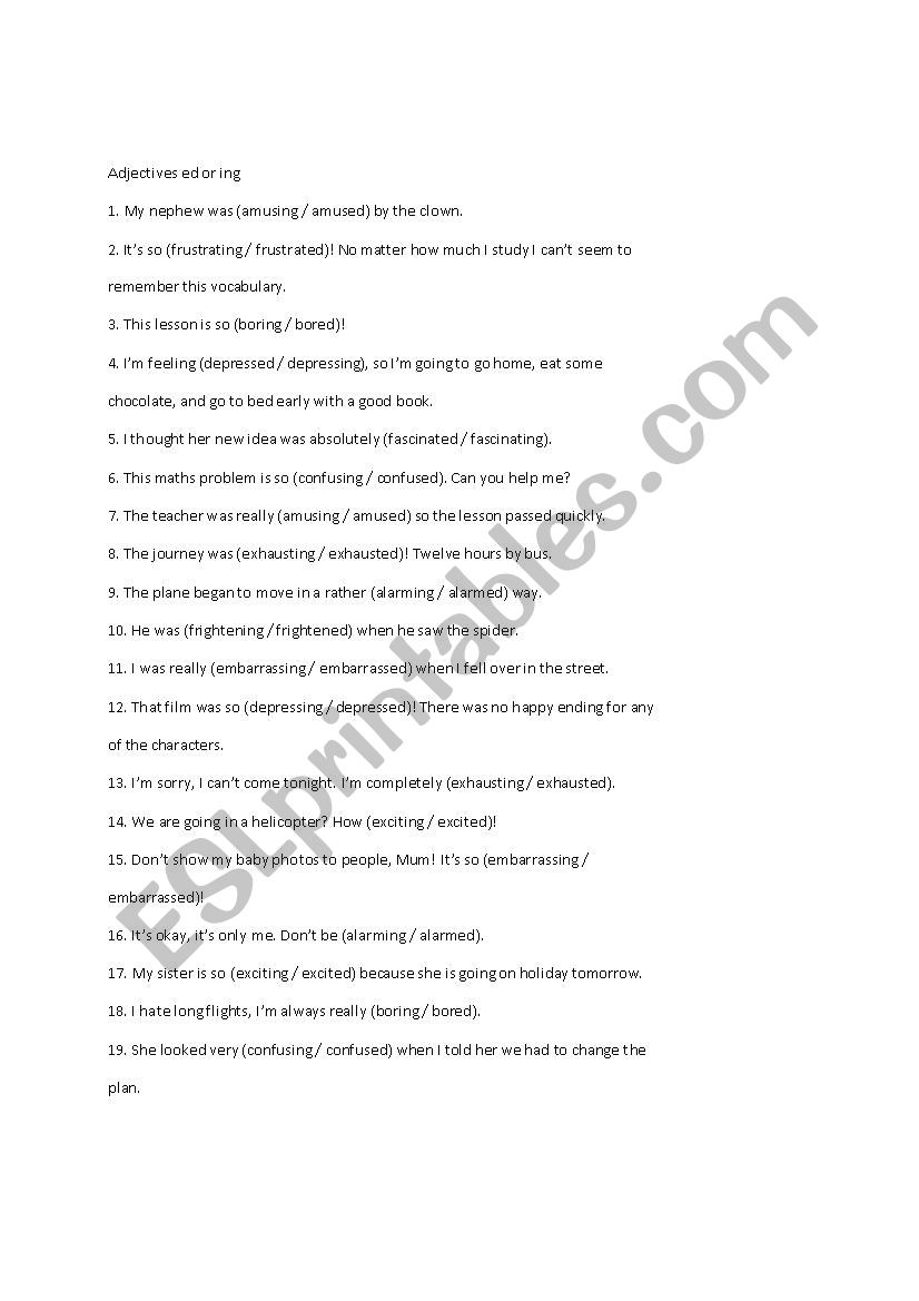 ADJECTIVES ED OR ING worksheet
