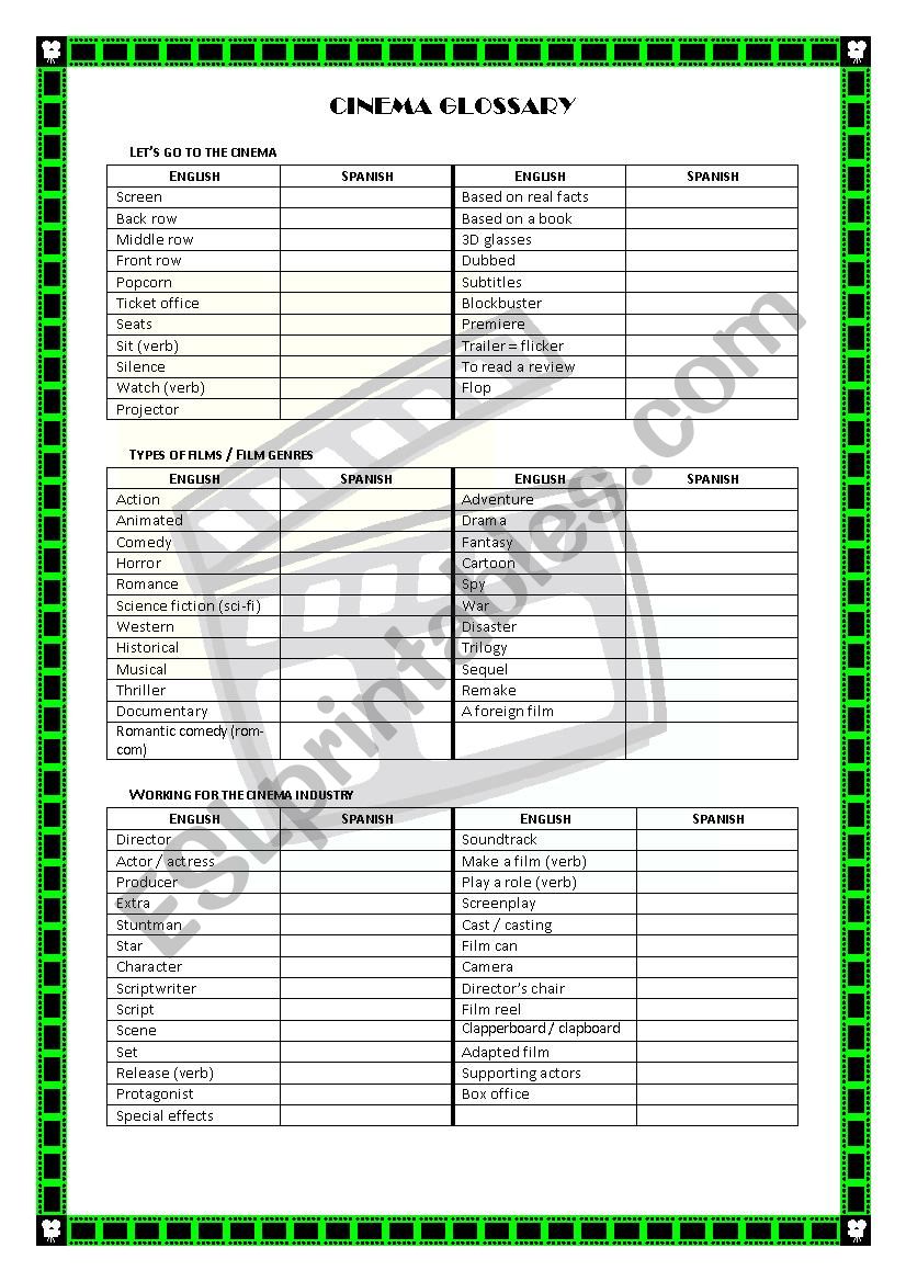 Cinema Glossary worksheet