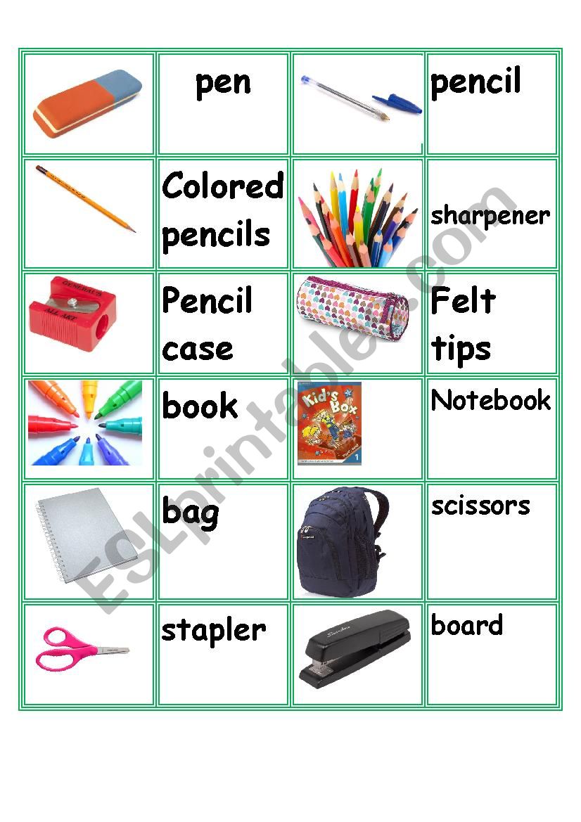 Domino of School materials worksheet