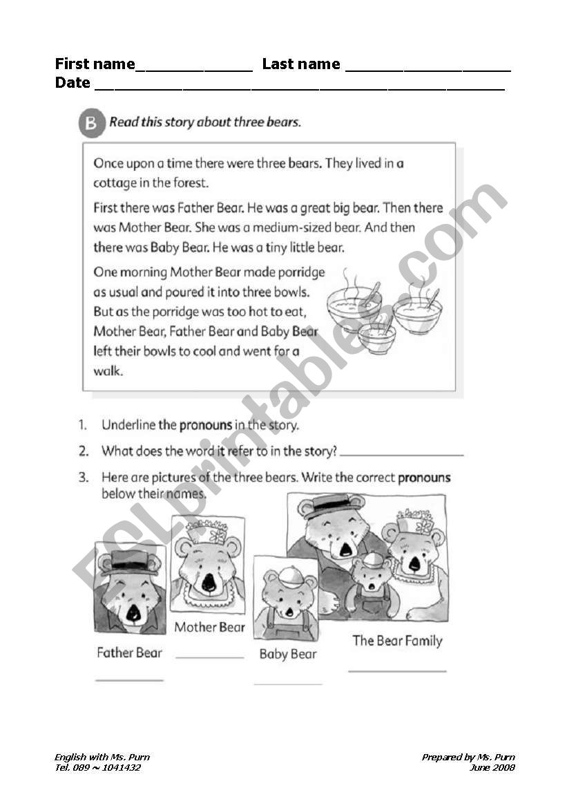 Story about The Three Bears worksheet