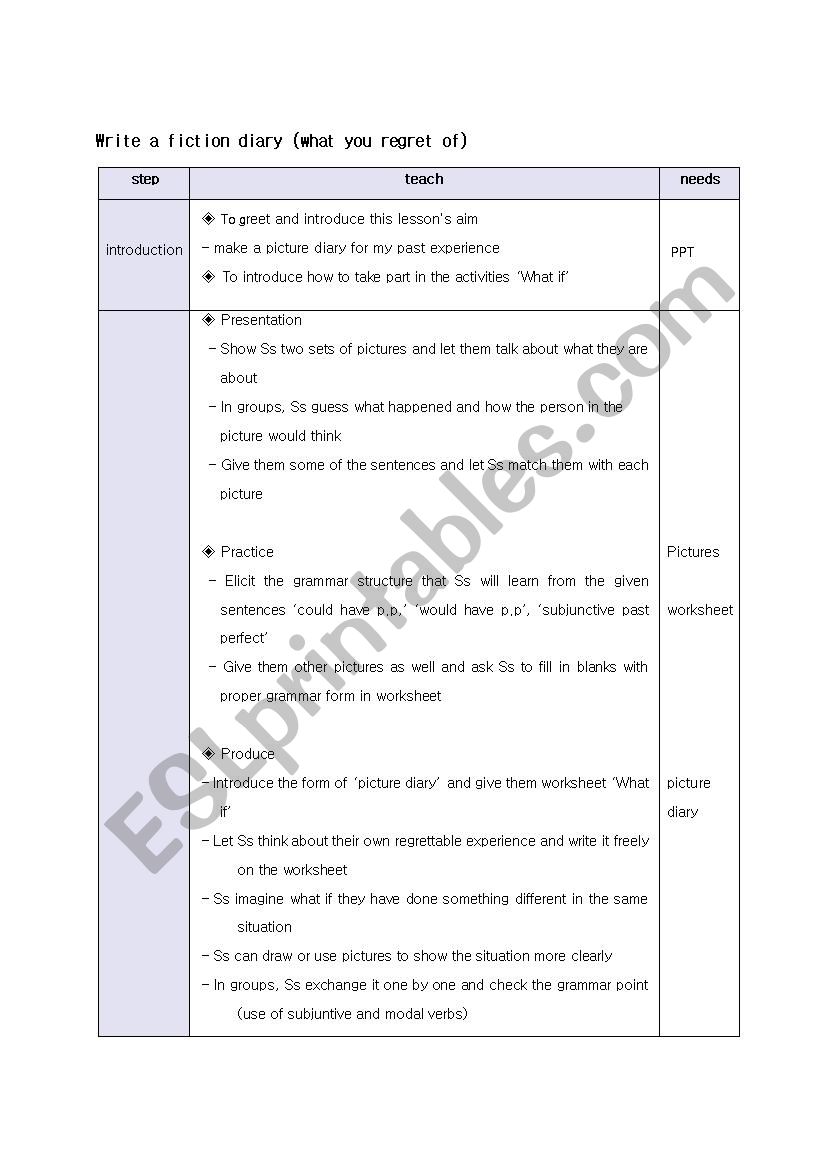 regretful diary practice worksheet