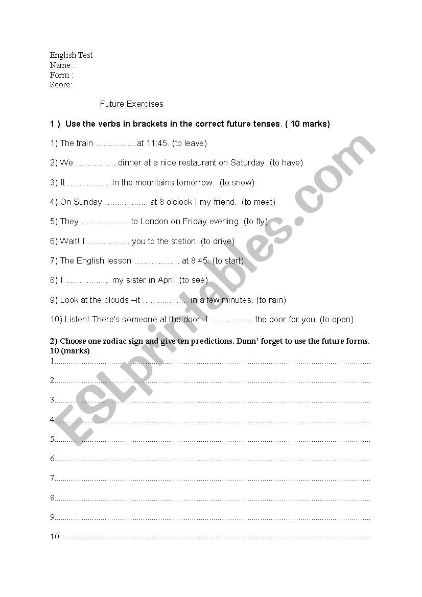 Future forms worksheet