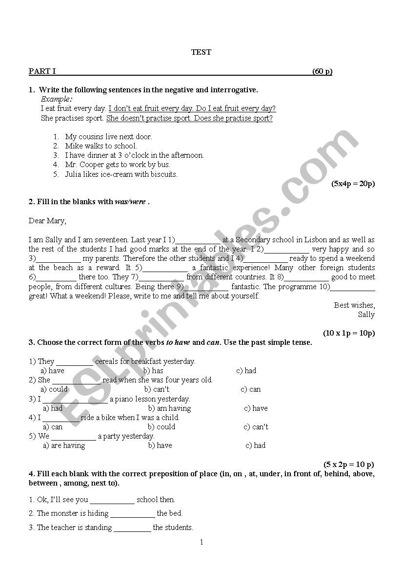 Test 6th grade worksheet