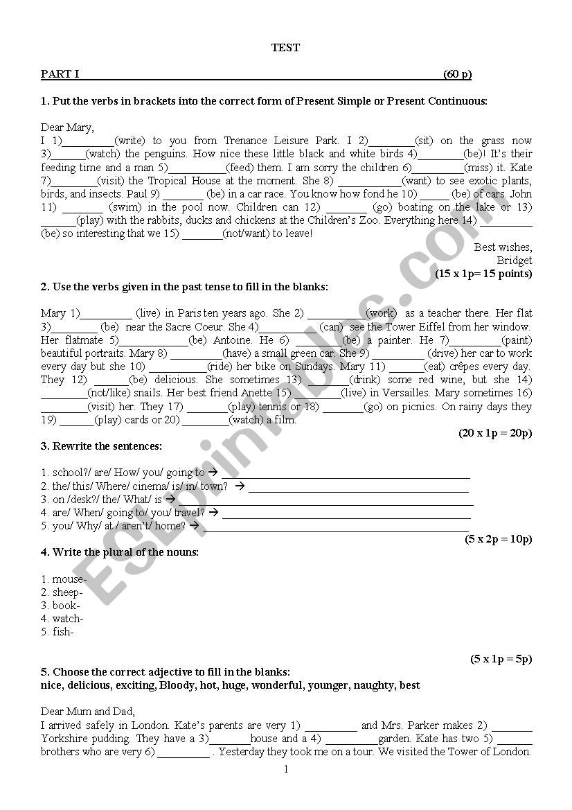 test 7th grade worksheet