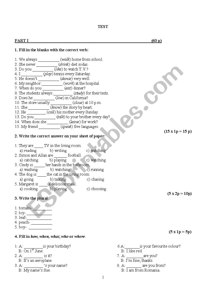 test 5th grade worksheet