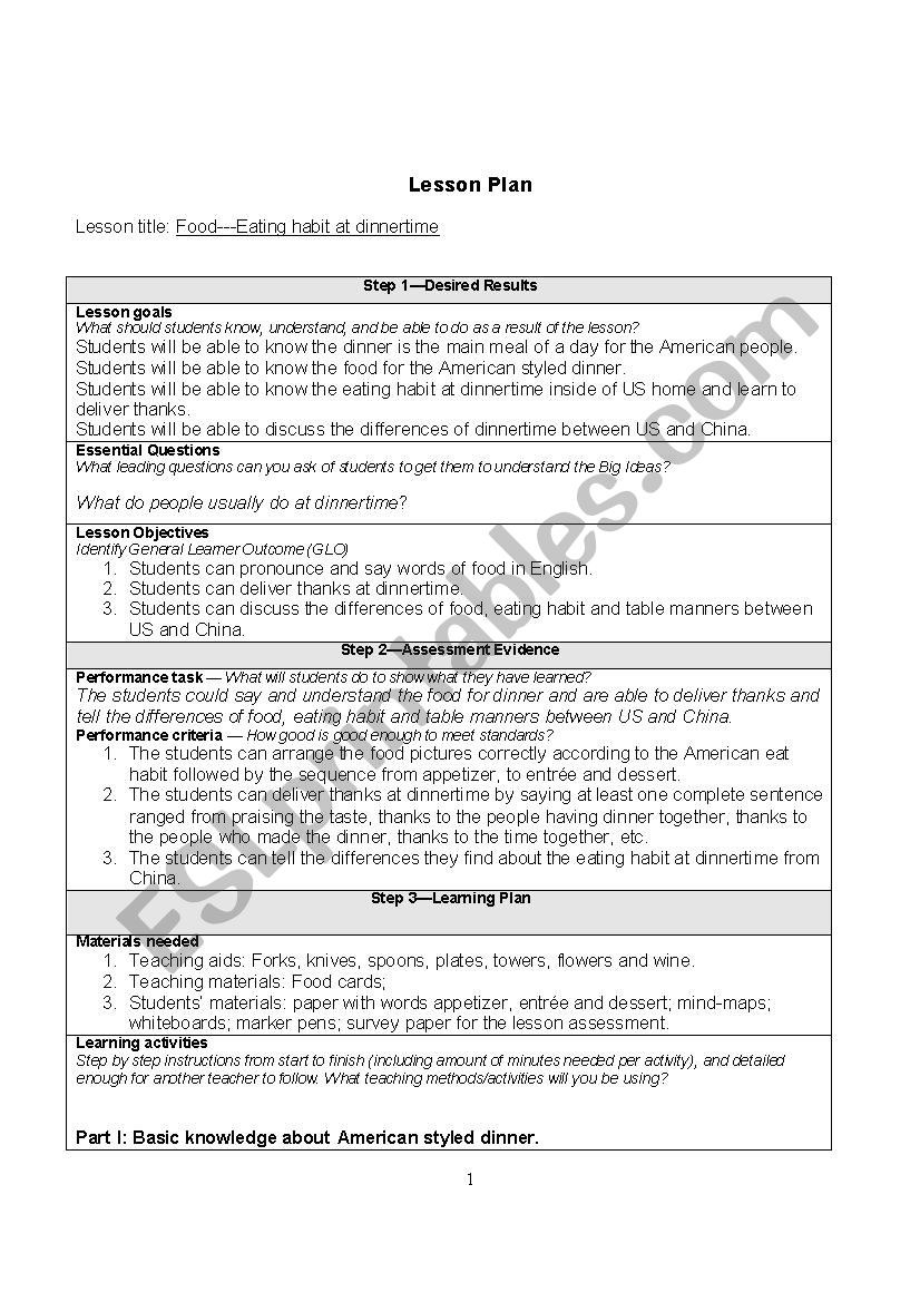 Dinner worksheet Dinner worksheet