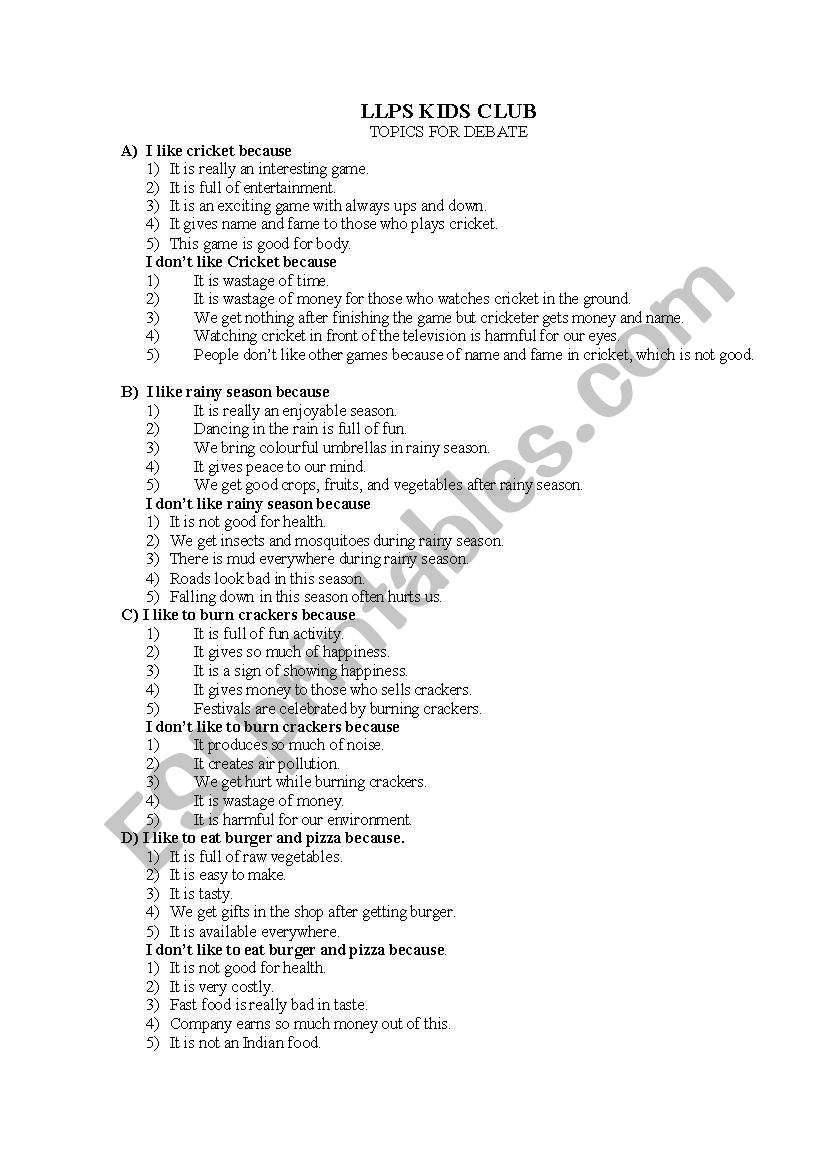 topics for debate worksheet