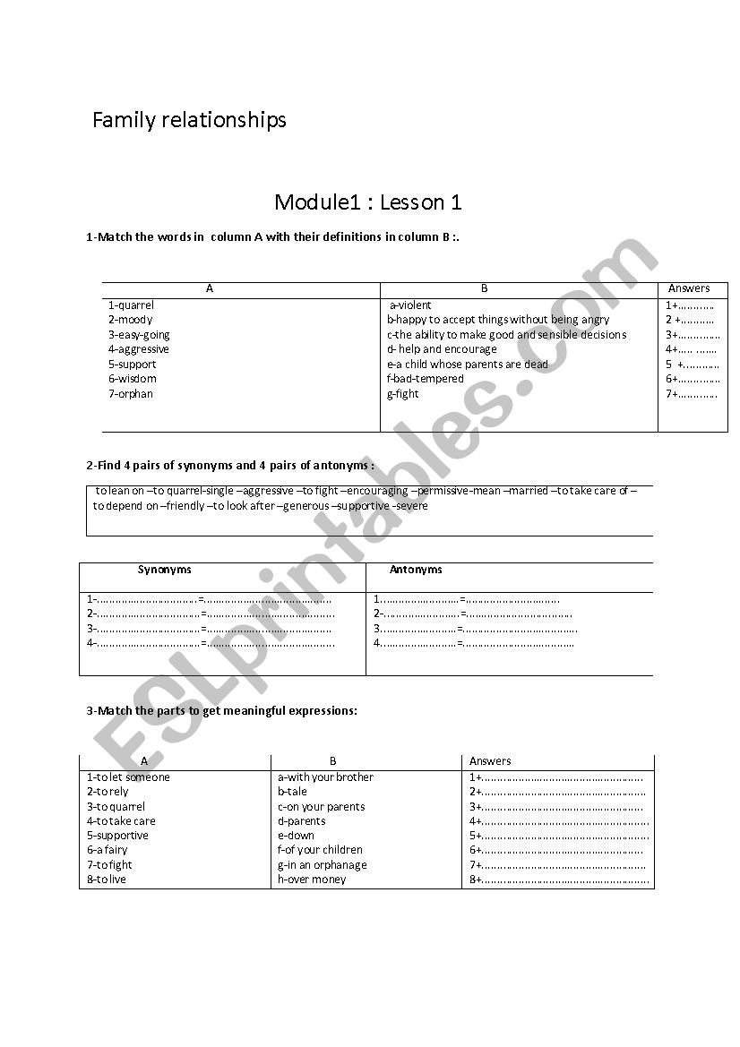 9th Grade Module 1 Leson 1 : Family relationships