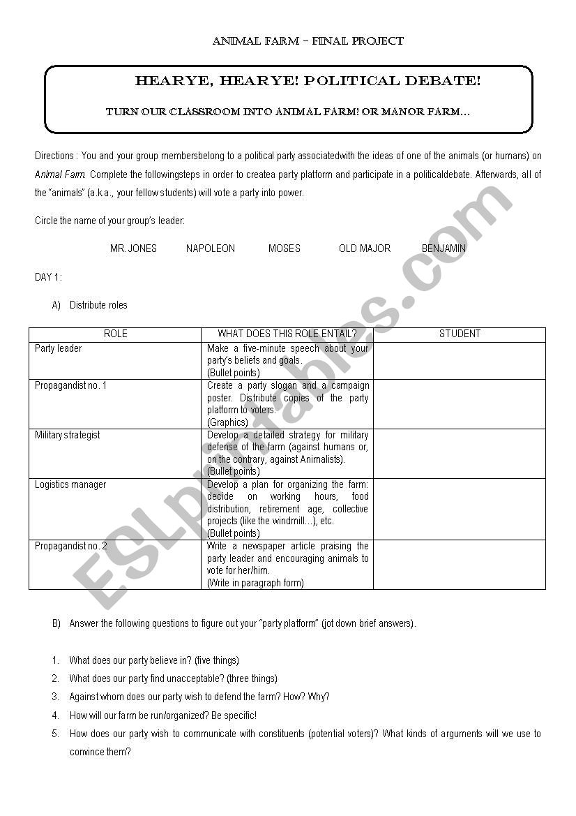 Animal Farm Debate Project worksheet