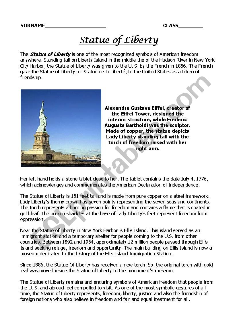 The statue of liberty worksheet