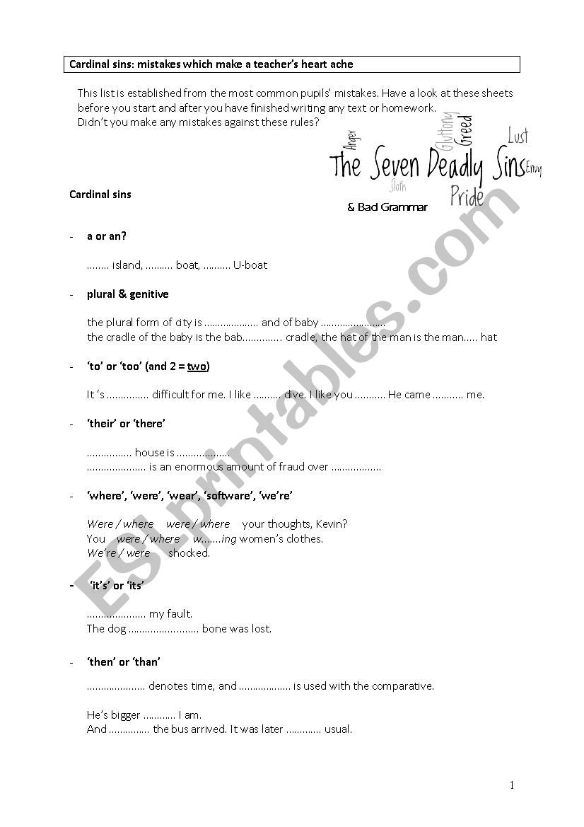 Cardinal Sins worksheet