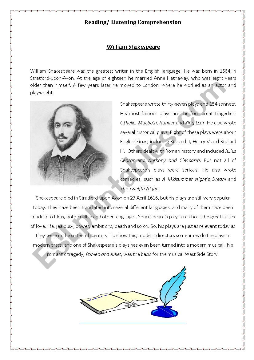 William Shakespeare worksheet