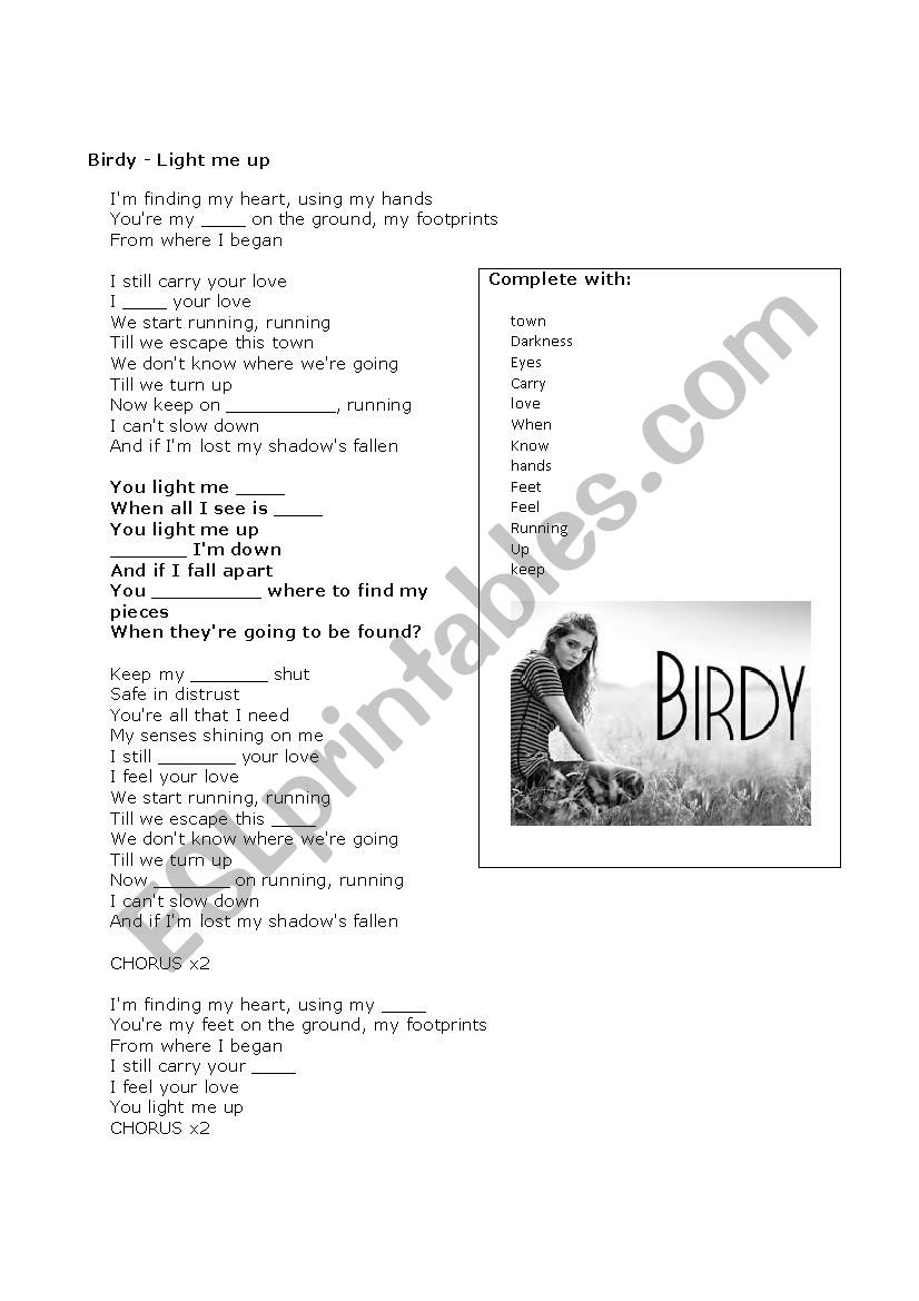 song: you light me up worksheet