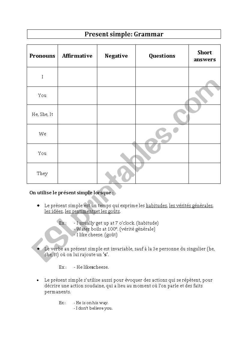 Present simple grammar sheet worksheet