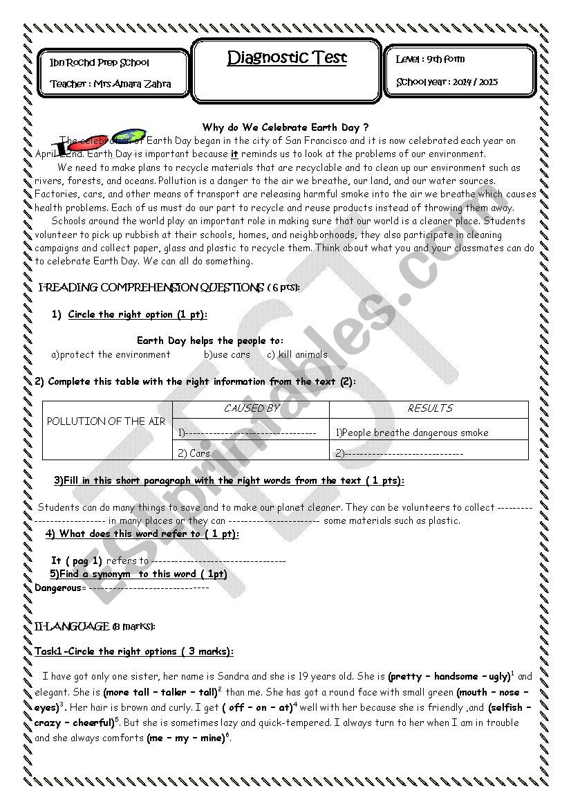 Diagnostic Test worksheet