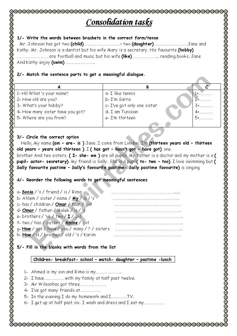 Consolidation Tasks worksheet