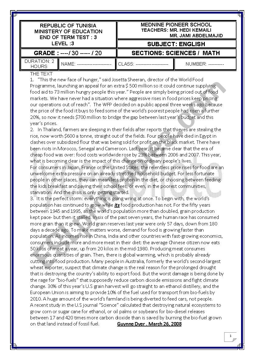 3rdform test worksheet