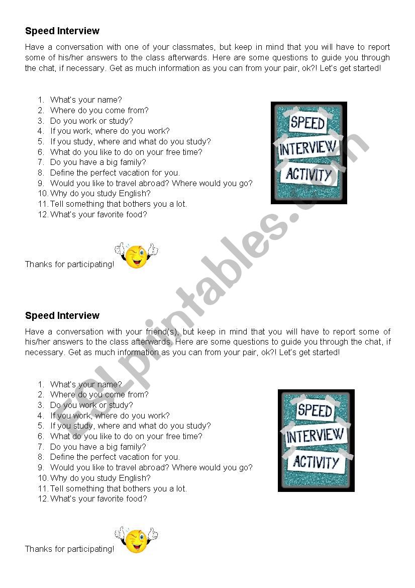 Speed Interview worksheet