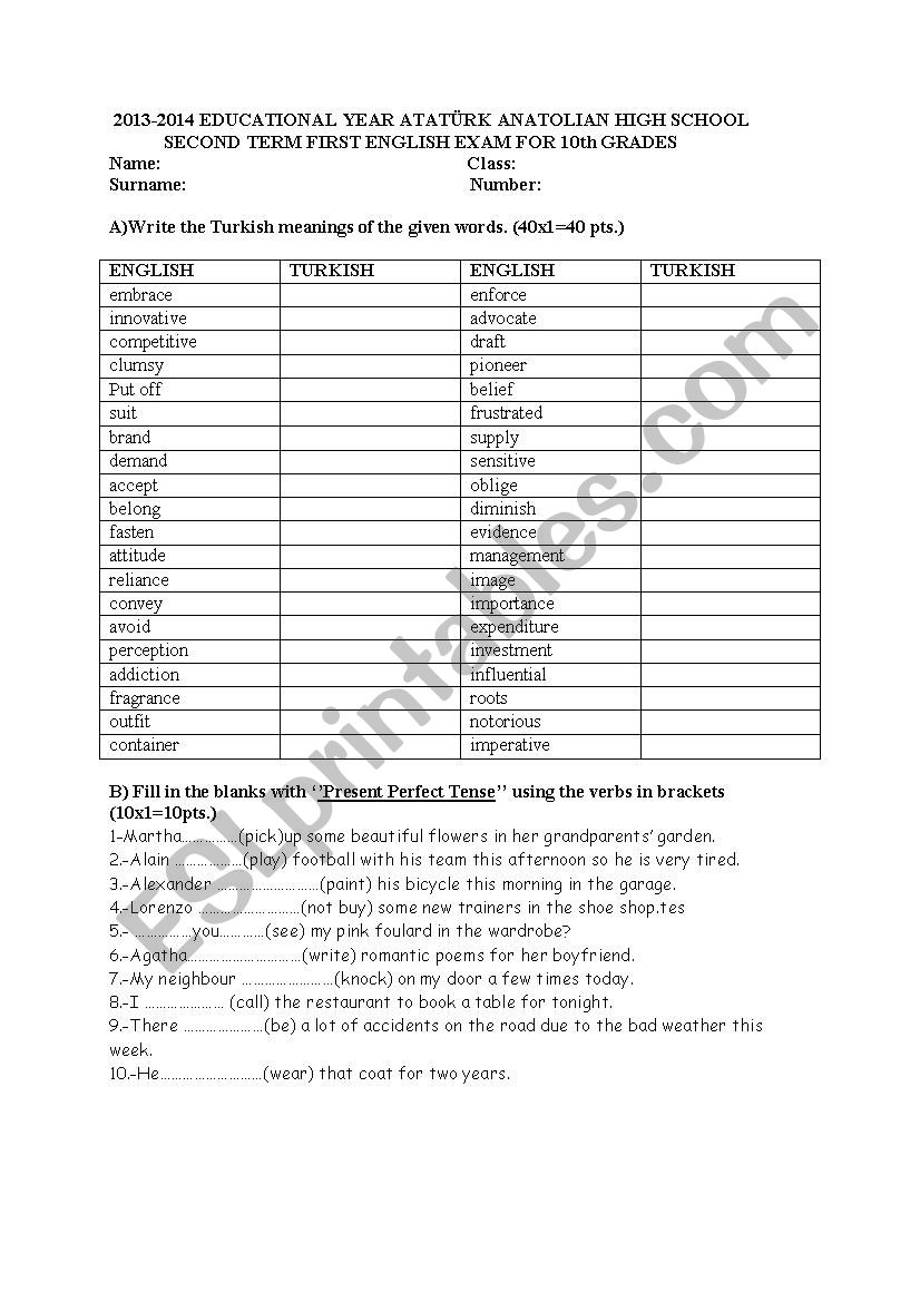 exam  worksheet