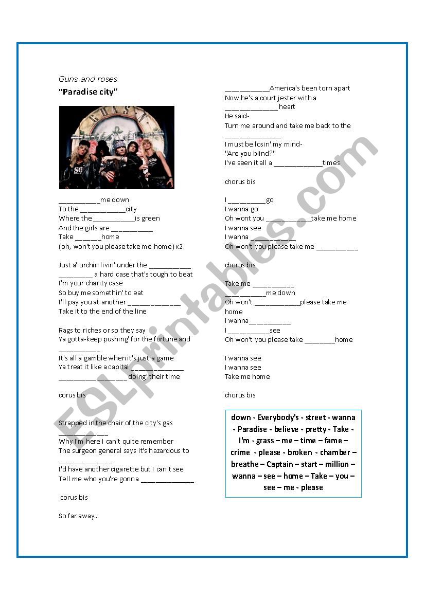 Paradise city- Guns and roses worksheet