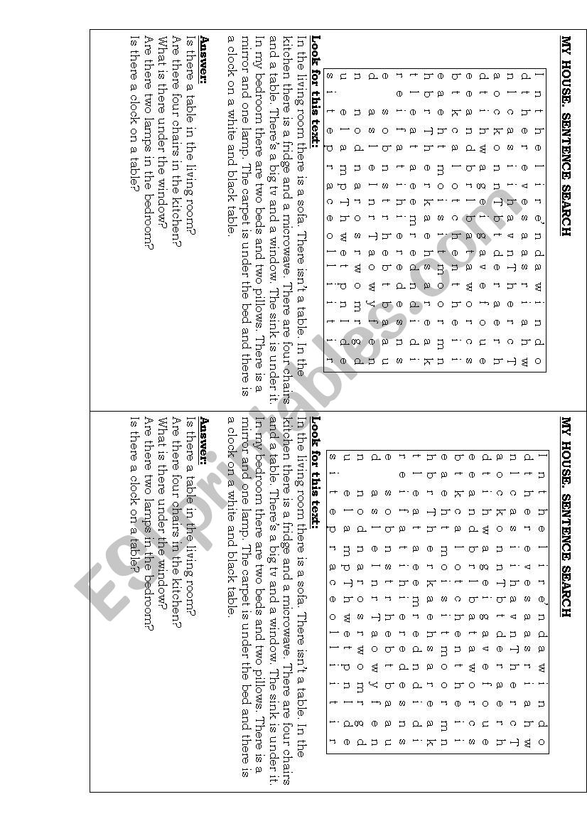 The house sentence search worksheet