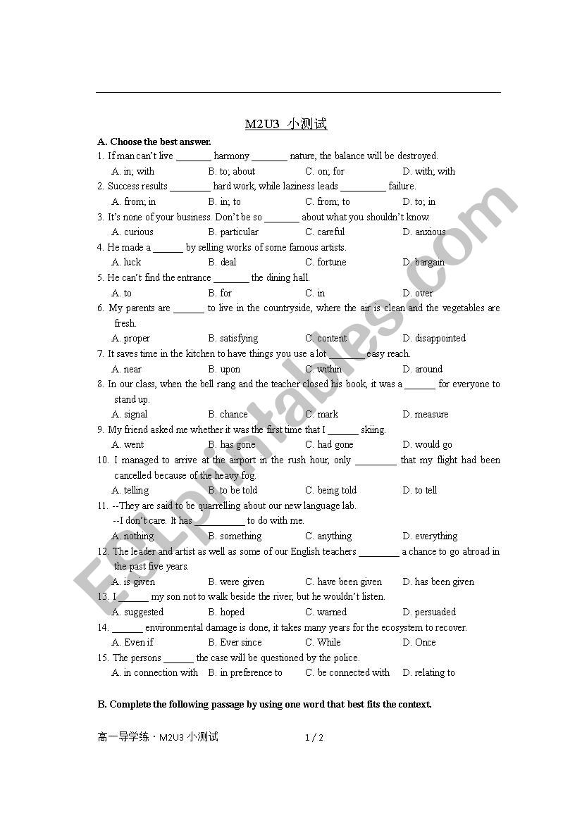 exercise for language points worksheet