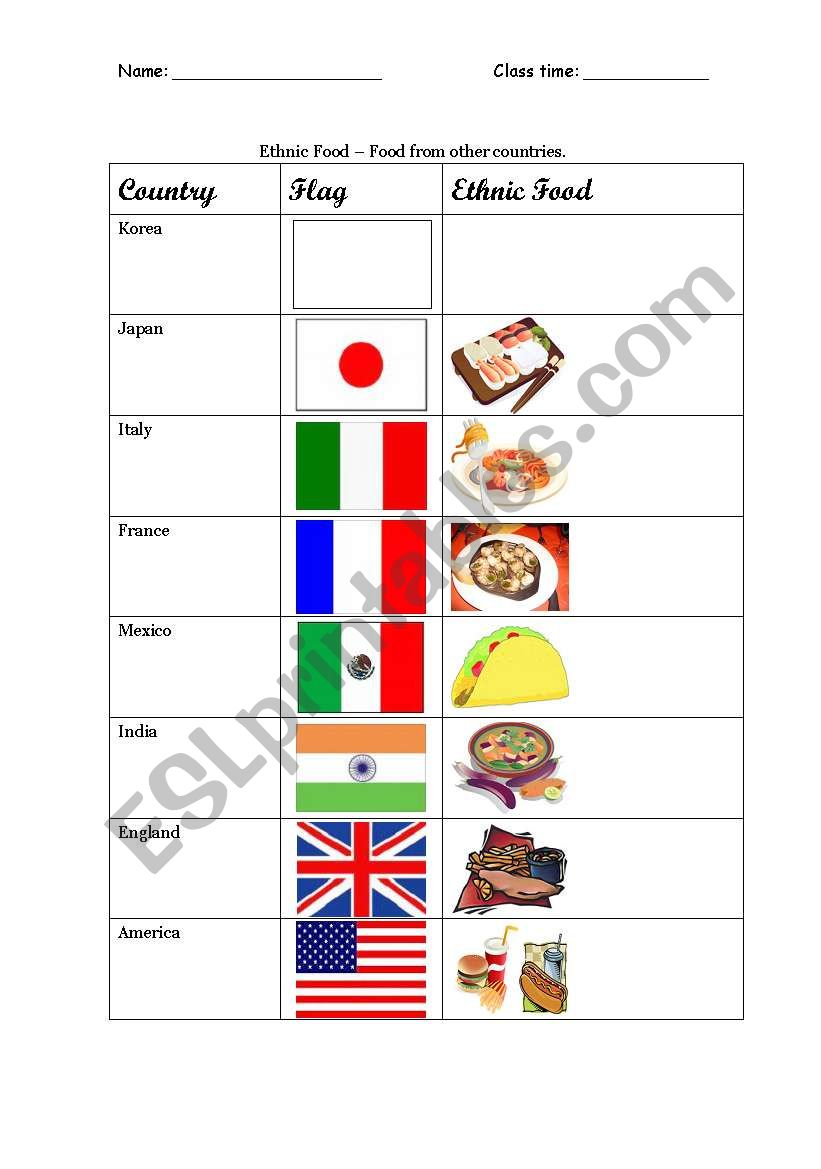 Ethnic Food worksheet