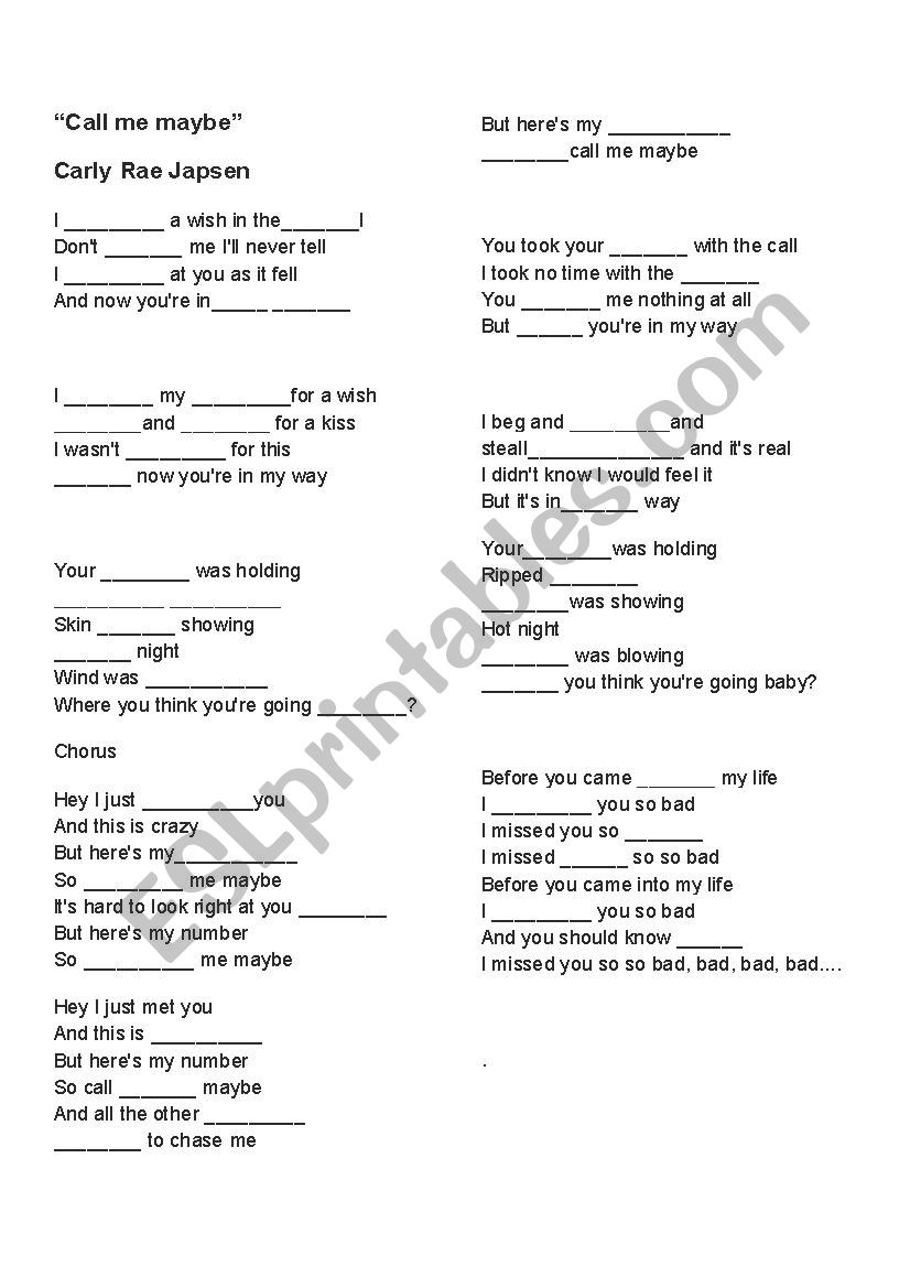Call me maybe song worksheet