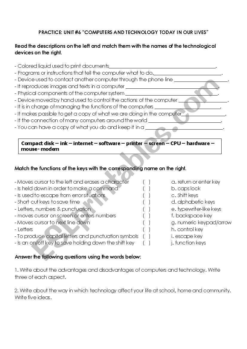 COMPUTER COMPONENTS AND TERMS worksheet