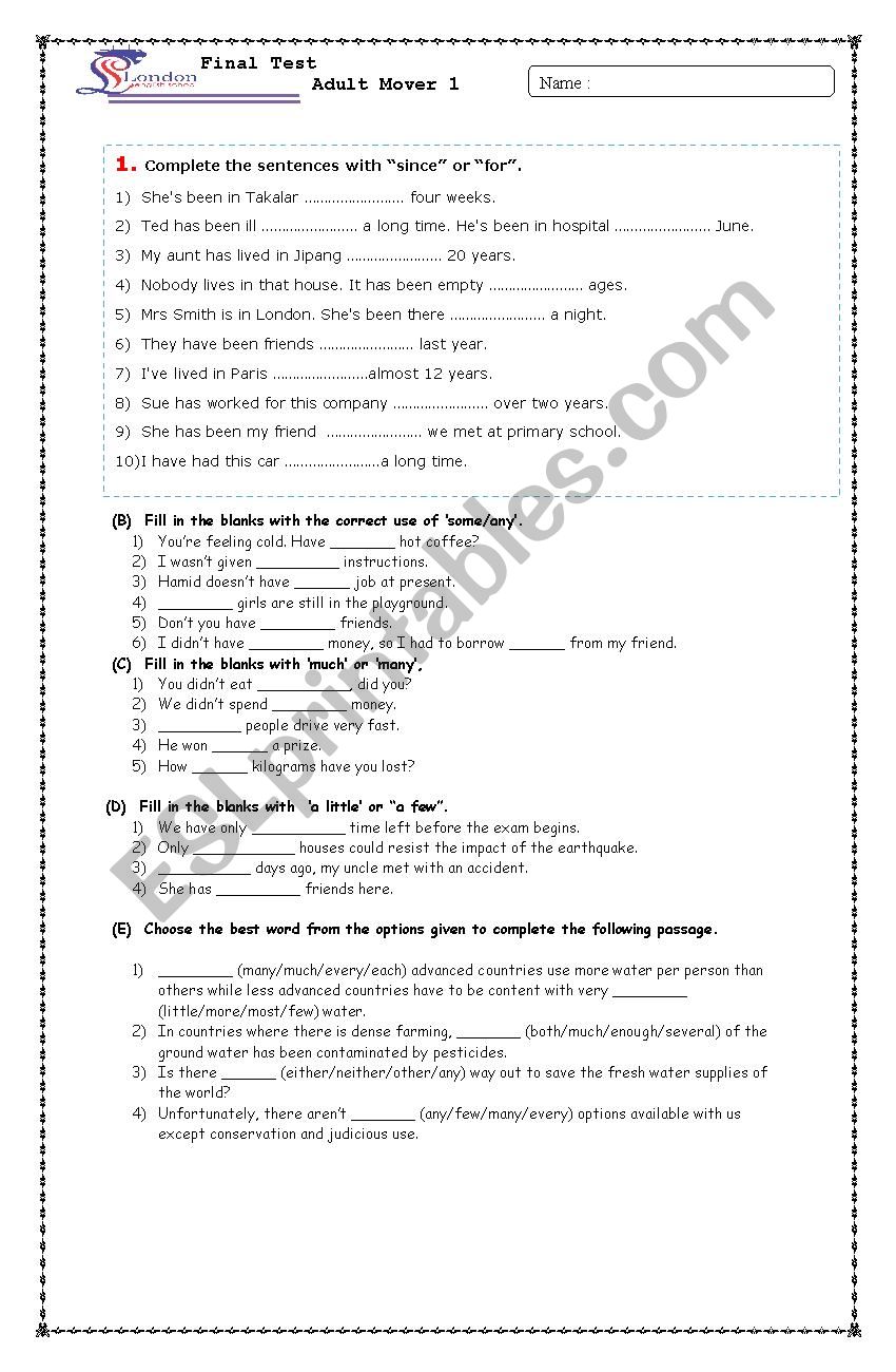 Final Test worksheet