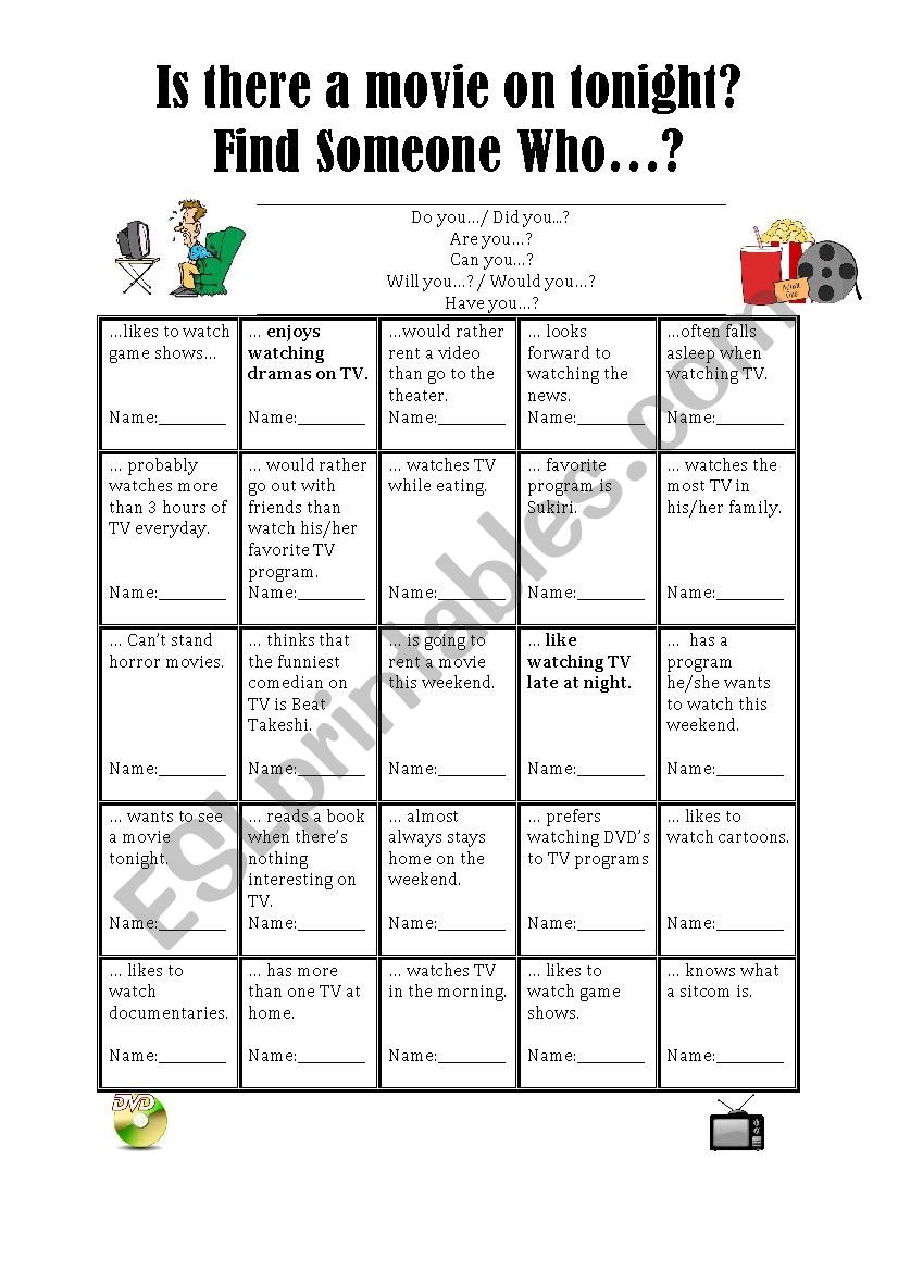 Find Someone At the Movies worksheet