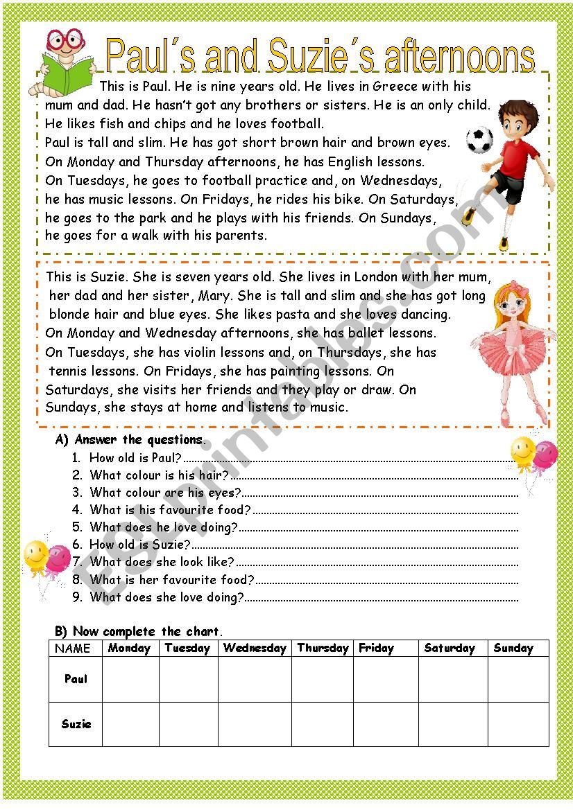 Pauls and Suzies afternoons worksheet