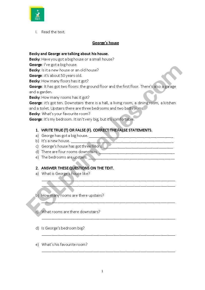 Georges  house worksheet