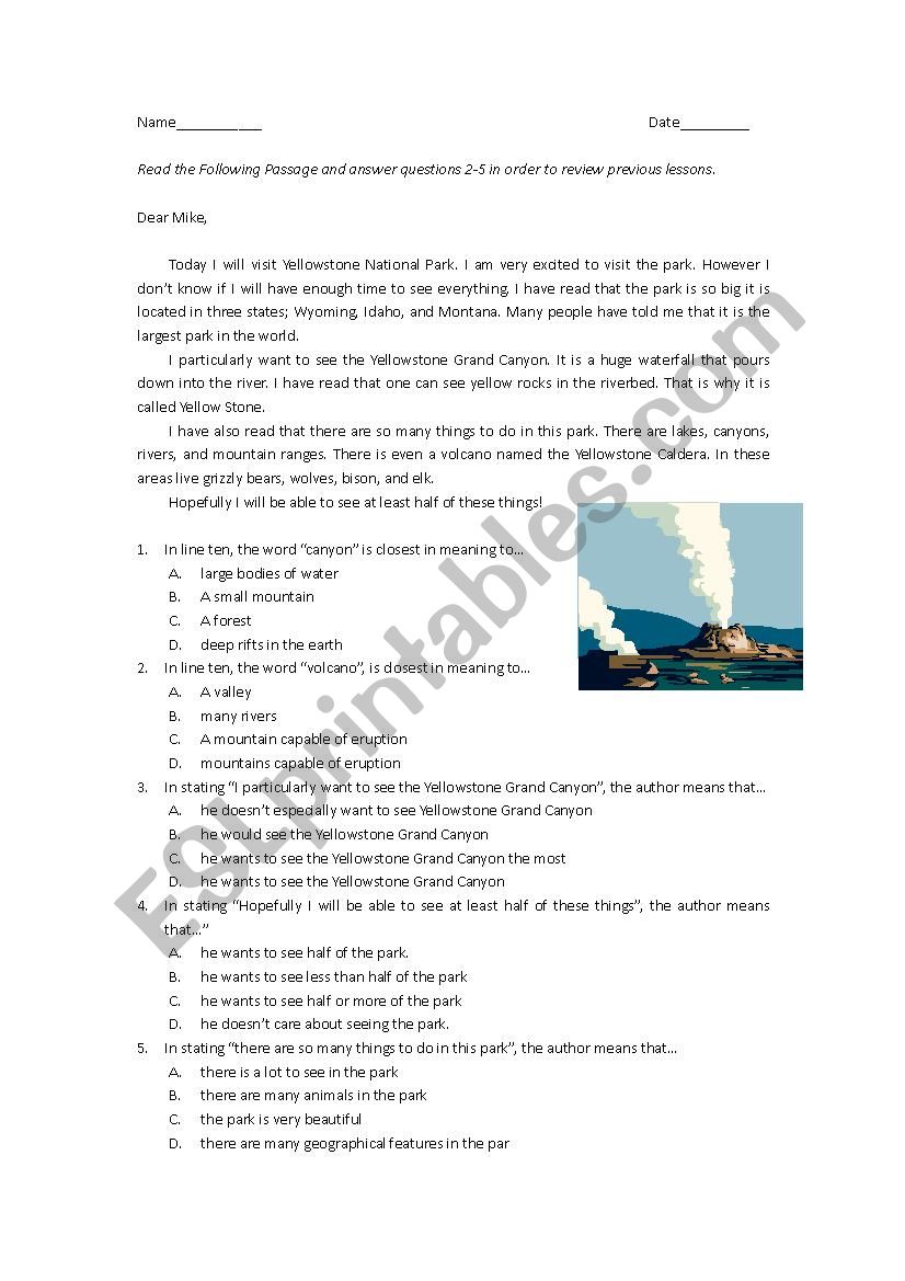 Yellowstone National Park worksheet