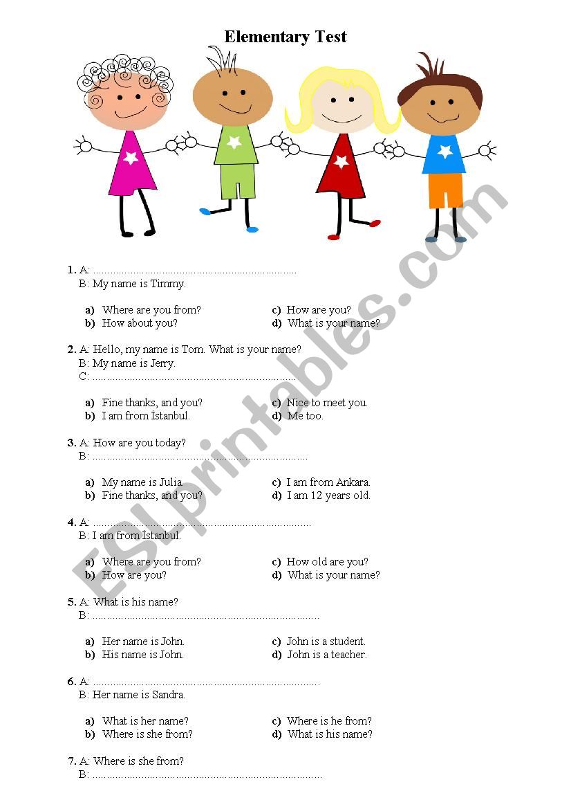 elementary test worksheet