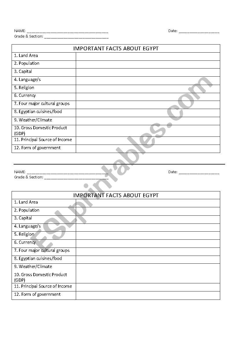 Egypt worksheet