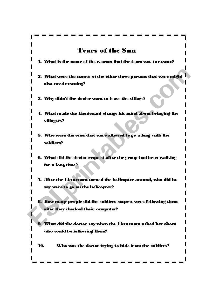 Tears of the Sun worksheet