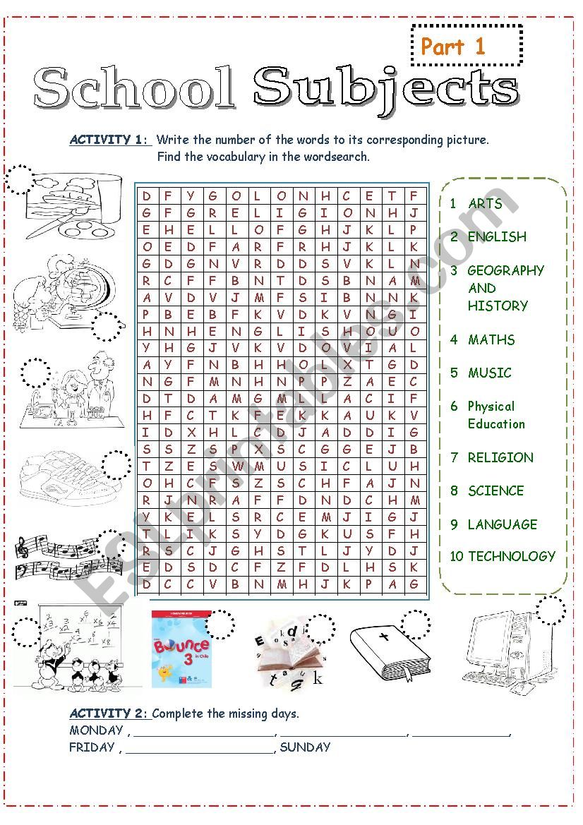 school subjects and days of the week