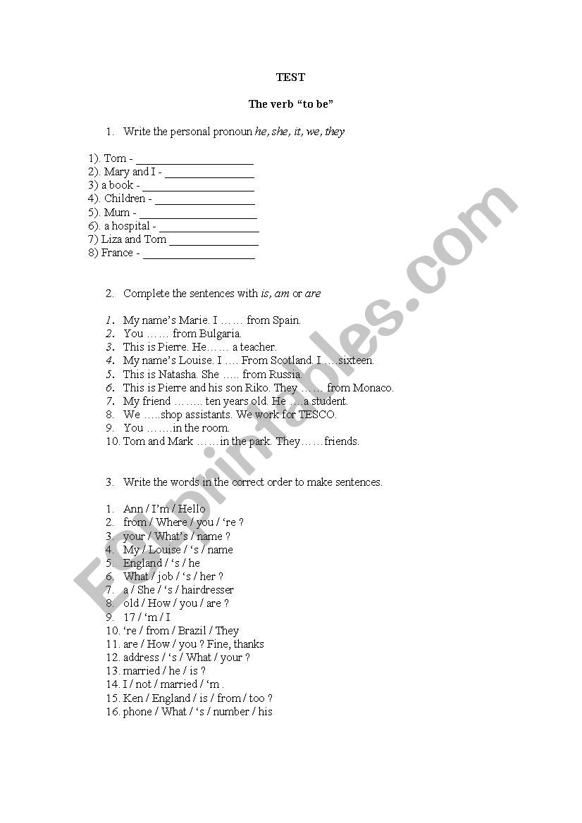 Thre verb to Be Test worksheet