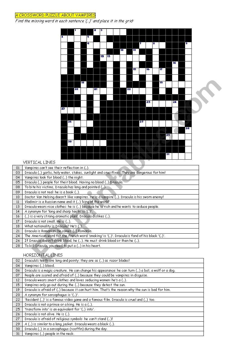 VAMPIRES - A Crossword Puzzle (+KEY) (+HELP FOR STUDENTS)