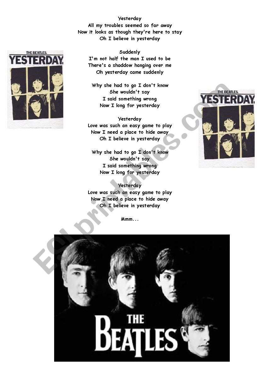Yesterday The Beatlessong worksheet