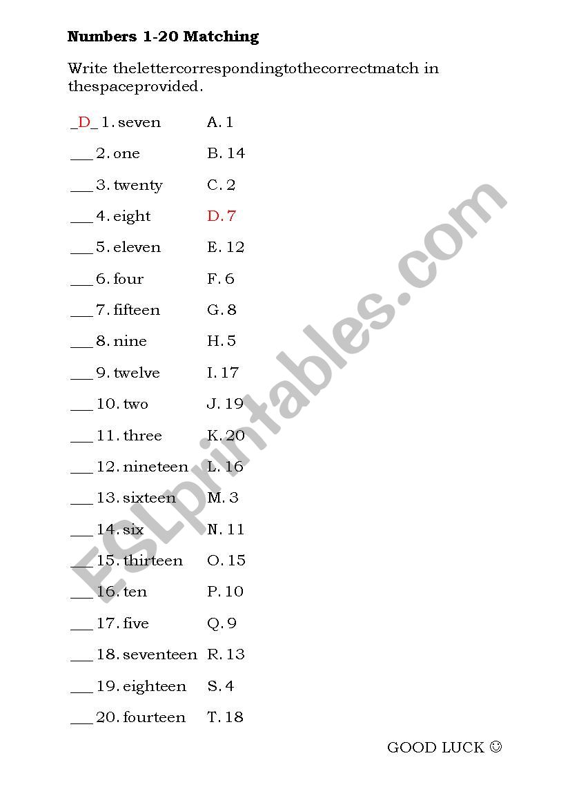 NUMBERS 1-20 worksheet