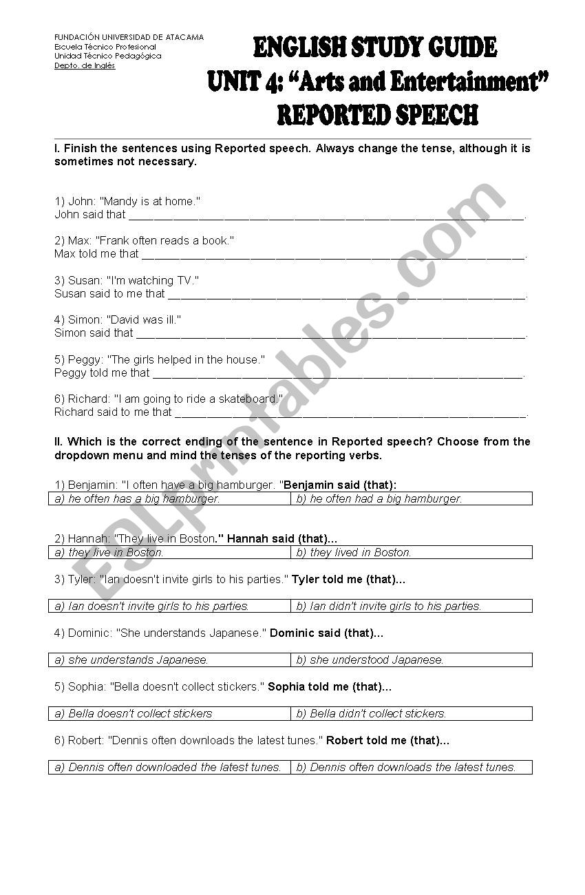 Reported Speech worksheet