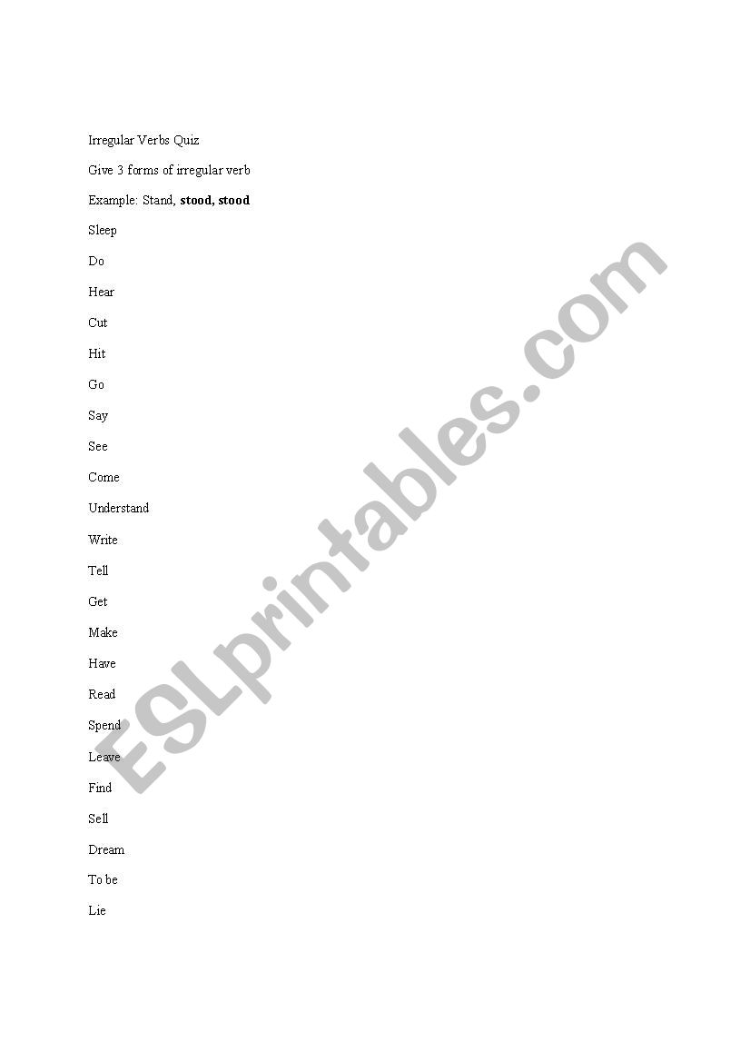 Irregular verb quiz worksheet