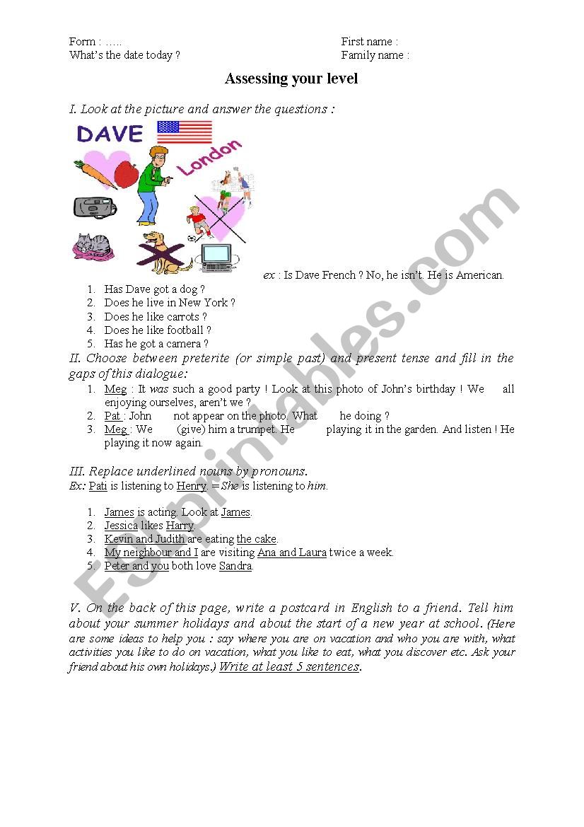 Assessing your level worksheet