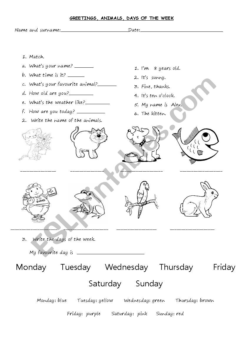GREETING, ANIMALS and DAYS OF THE WEEK REVISION