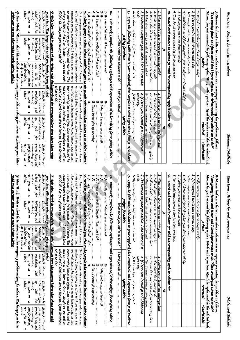 Asking for and giving advice worksheet