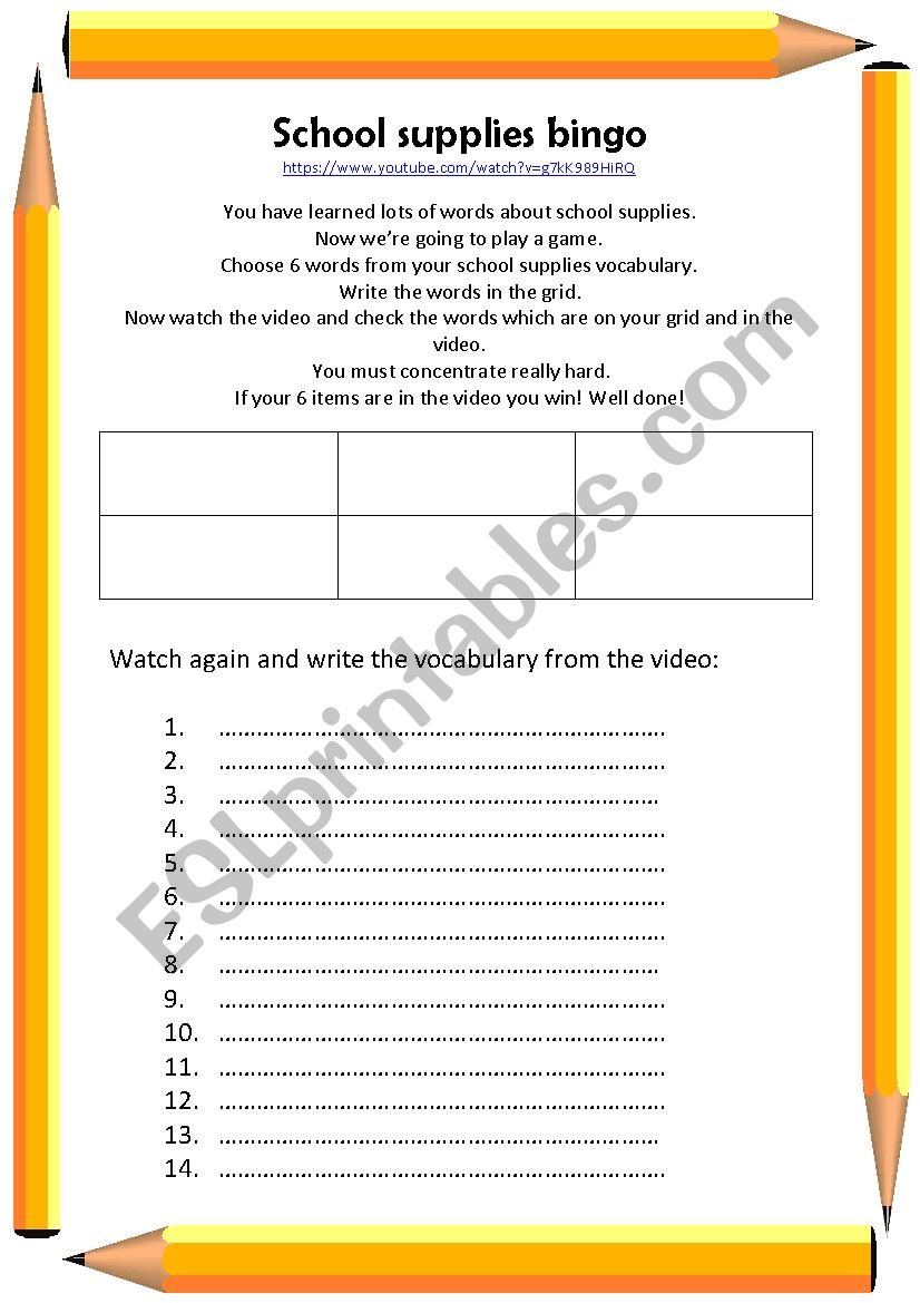School supplies bingo worksheet